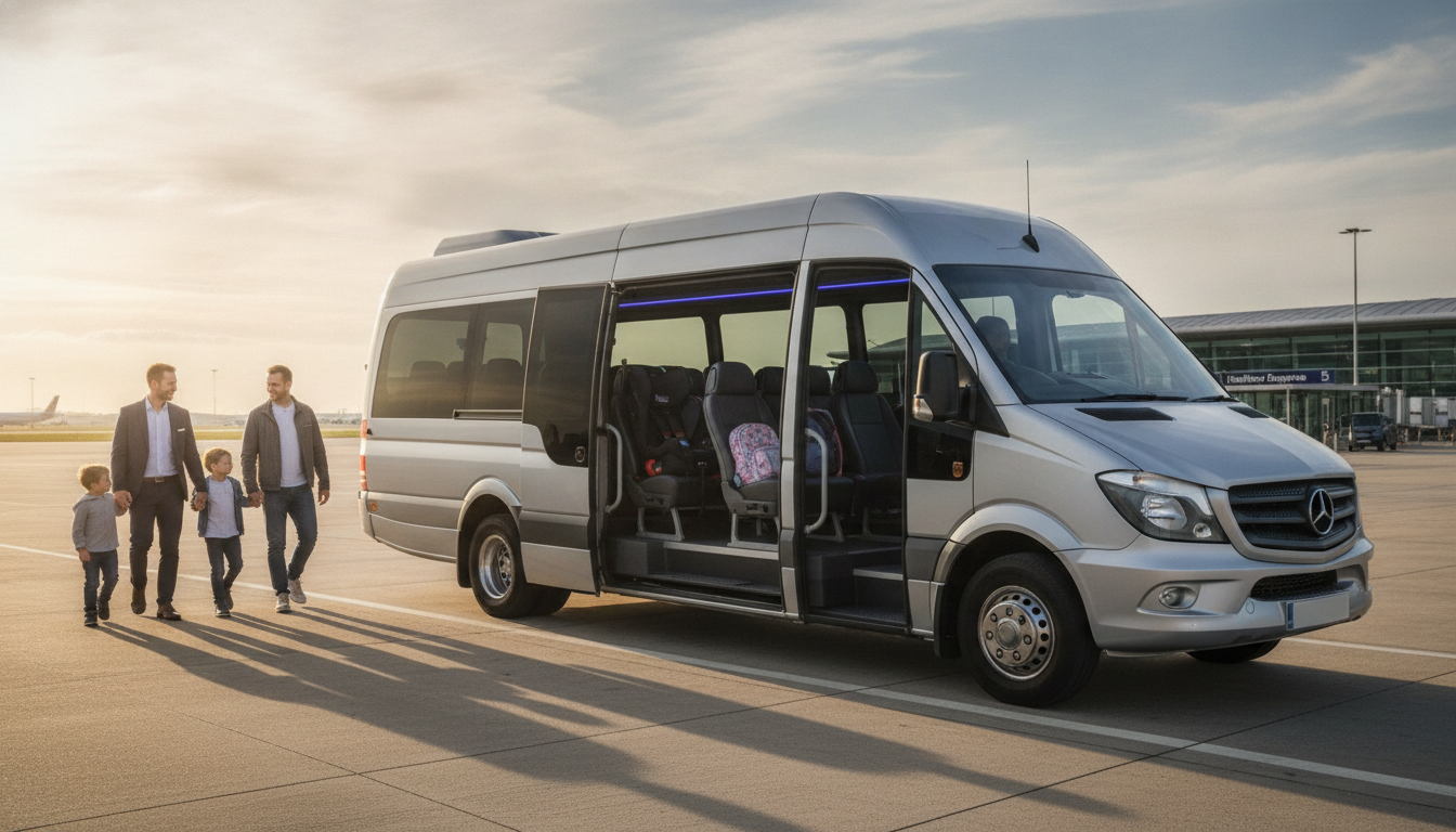 Family Airport Runs: Stress-Free Minibus Transfers to Heathrow. — executive minibus meeting a group at Heathrow Airport
