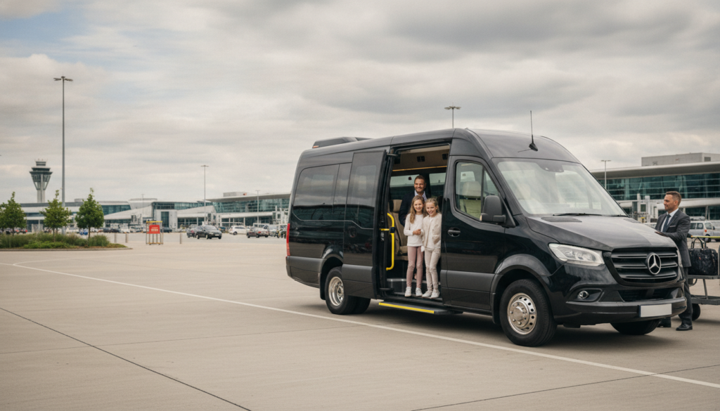 Holiday Starts Here: Premium Minibus Transfers for Families at Heathrow. — executive minibus meeting a group at Heathrow Airport