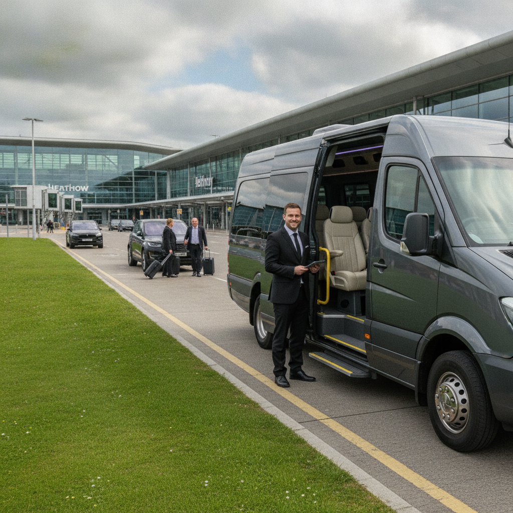 Home — executive minibus meeting a group at Heathrow Airport