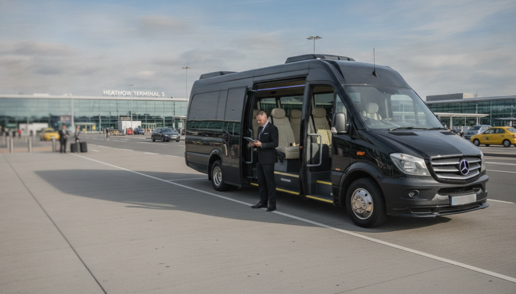 Corporate Convenience: Seamless Minibus Service from Heathrow to Your Event. — executive minibus meeting a group at Heathrow Airport