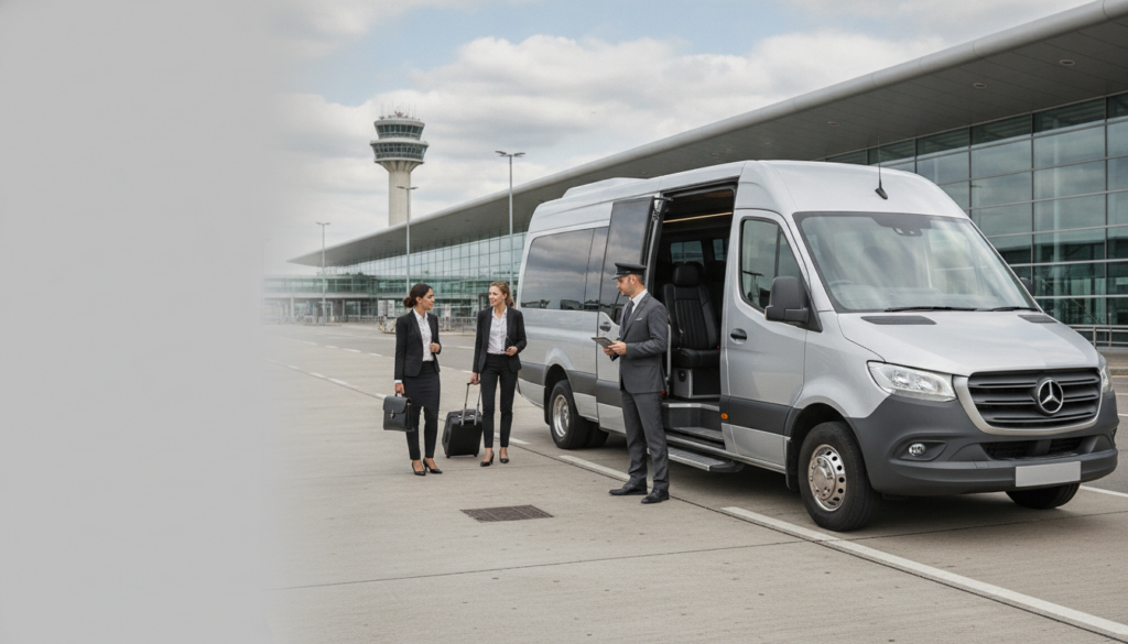 Executive Group Travel: Punctual Minibus Transfers for Heathrow Business. — executive minibus meeting a group at Heathrow Airport
