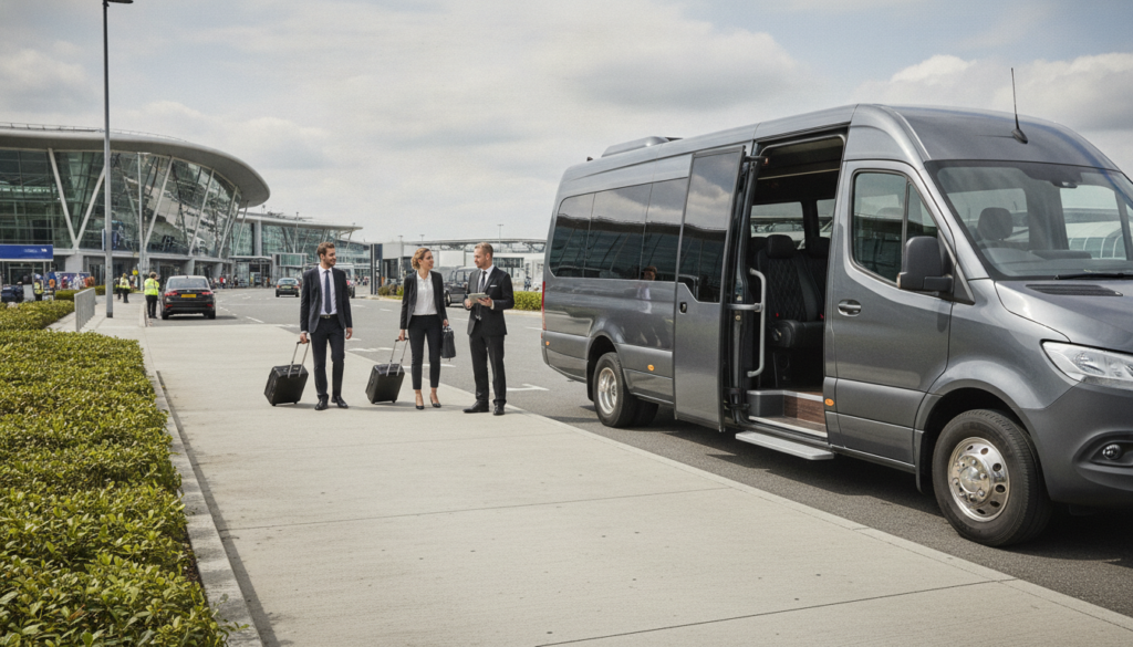 From Heathrow to Boardroom: Reliable Minibus Transfers for Corporate Groups. — executive minibus meeting a group at Heathrow Airport