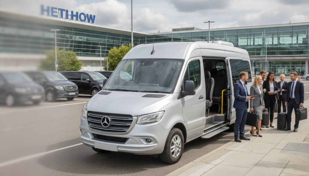 Impress Your Delegates: Professional Minibus Service for Heathrow Arrivals. — executive minibus meeting a group at Heathrow Airport