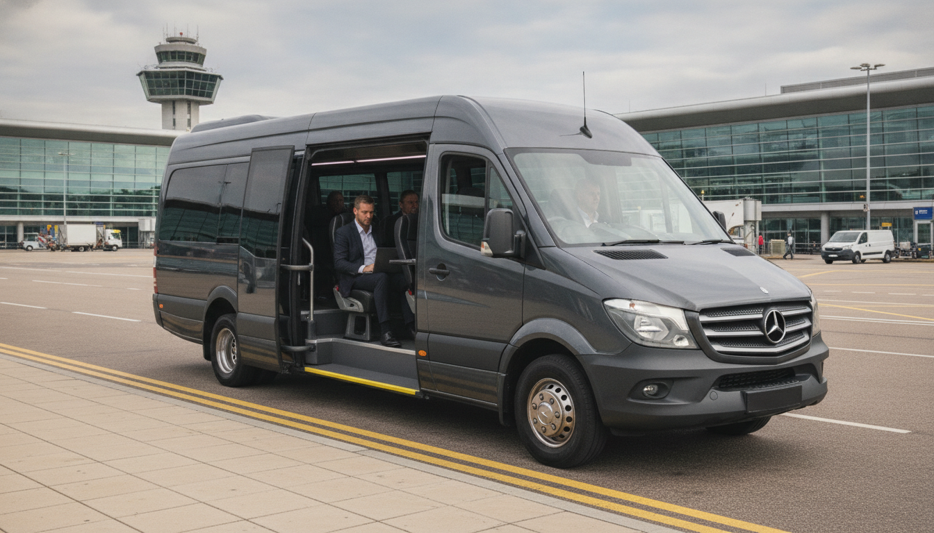 Productivity on the Go: Premium Minibus Transfers for Your Team at Heathrow. — executive minibus meeting a group at Heathrow Airport